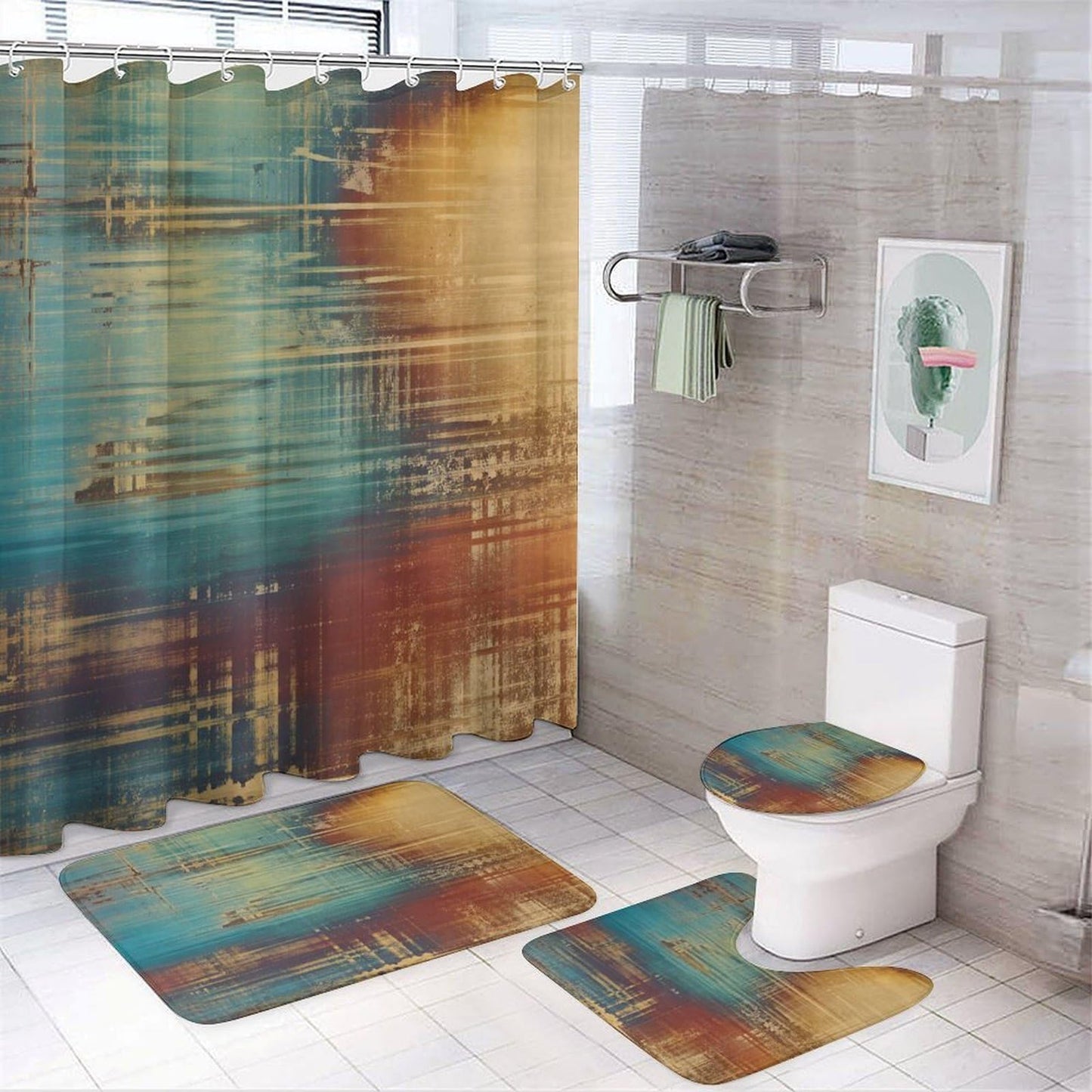 4 Piece Shower Curtain & Bath Mat Set