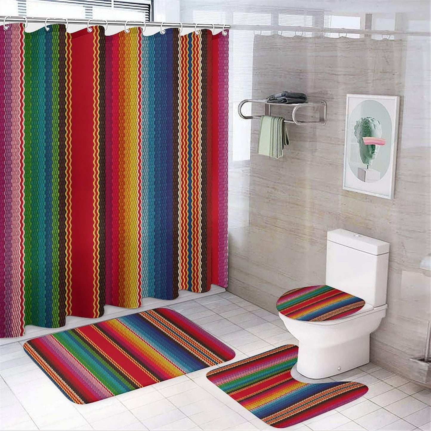 4 Piece Shower Curtain & Bath Mat Set
