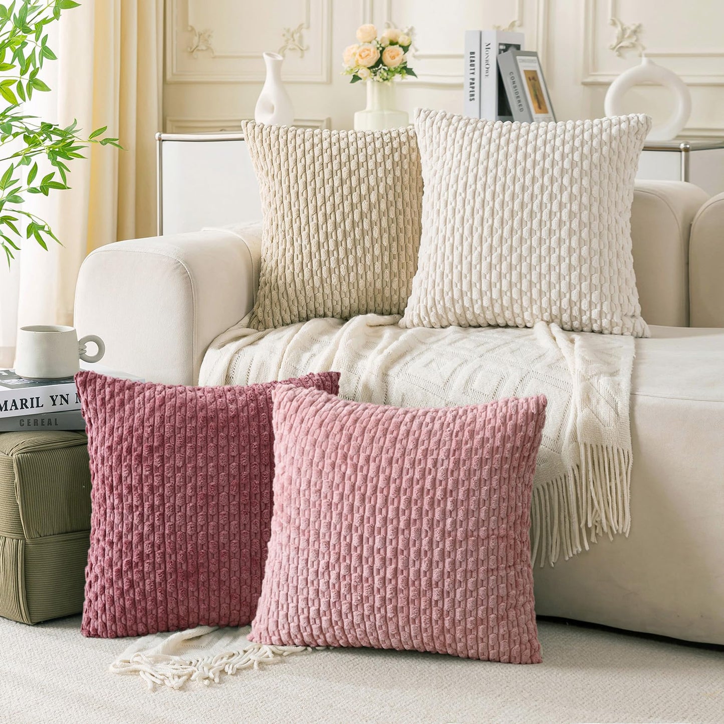 Neutral Corduroy Throw Pillow Covers Set