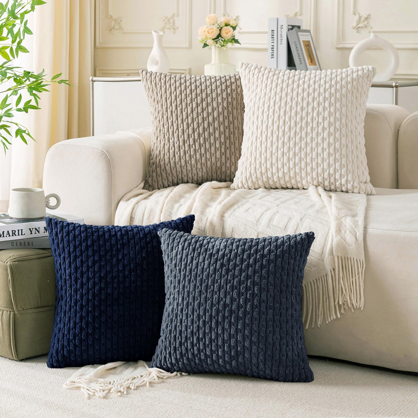 Neutral Corduroy Throw Pillow Covers Set