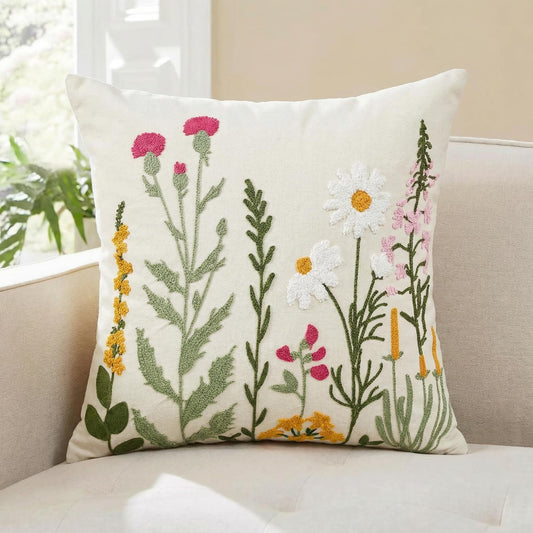 Embroidered Floral Throw Pillow Cover