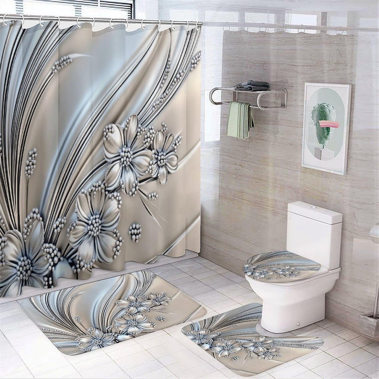 4 Piece Shower Curtain & Bath Mat Set