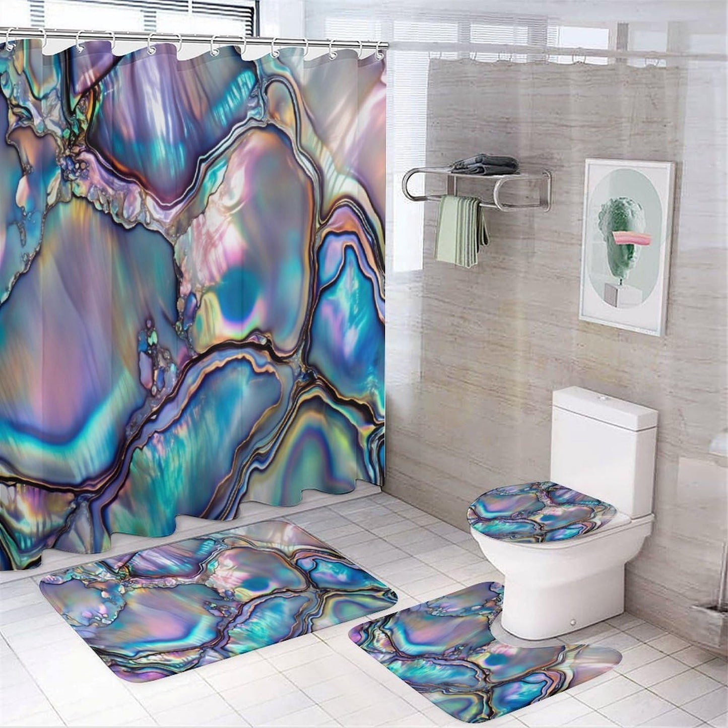 4 Piece Shower Curtain & Bath Mat Set