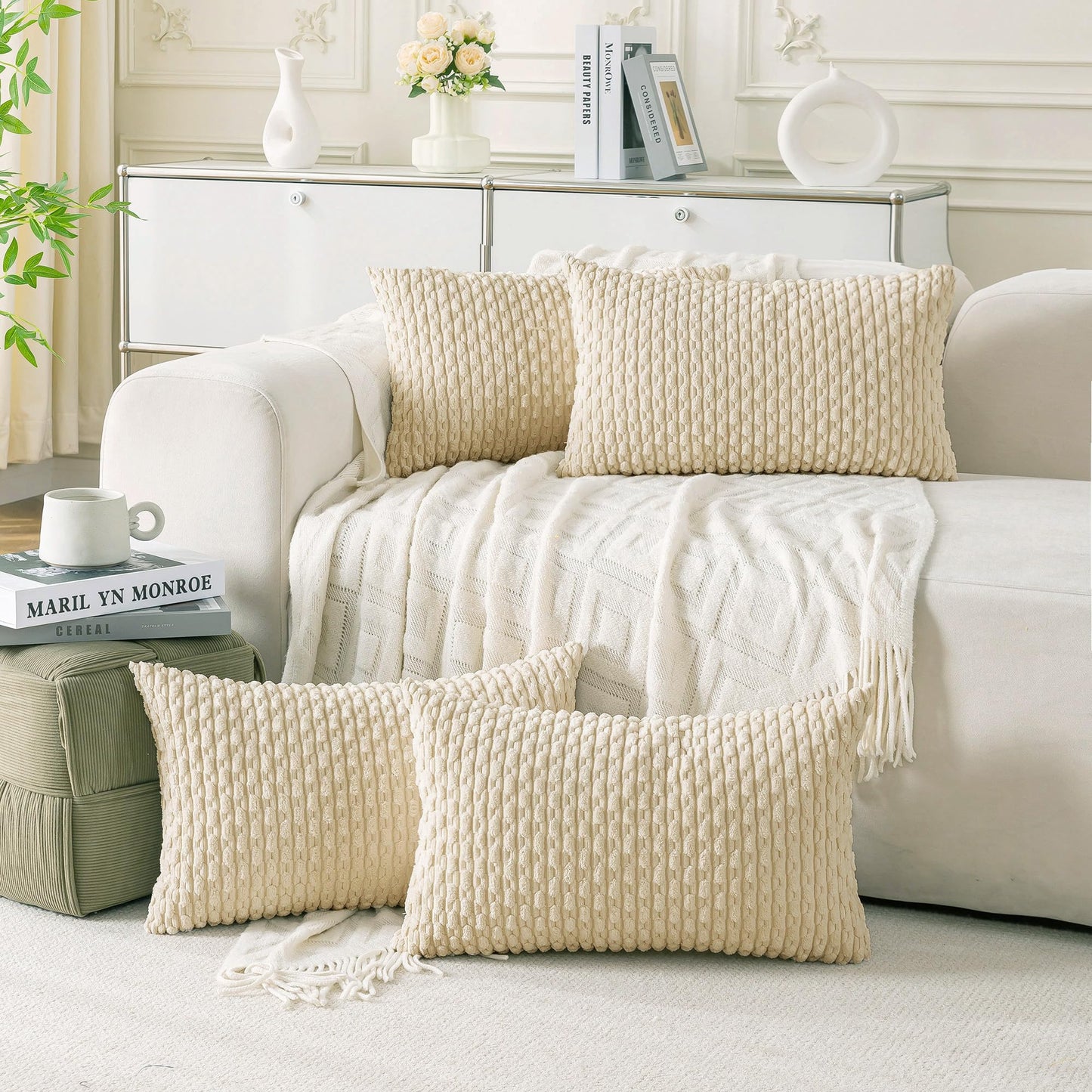 Neutral Corduroy Throw Pillow Covers Set