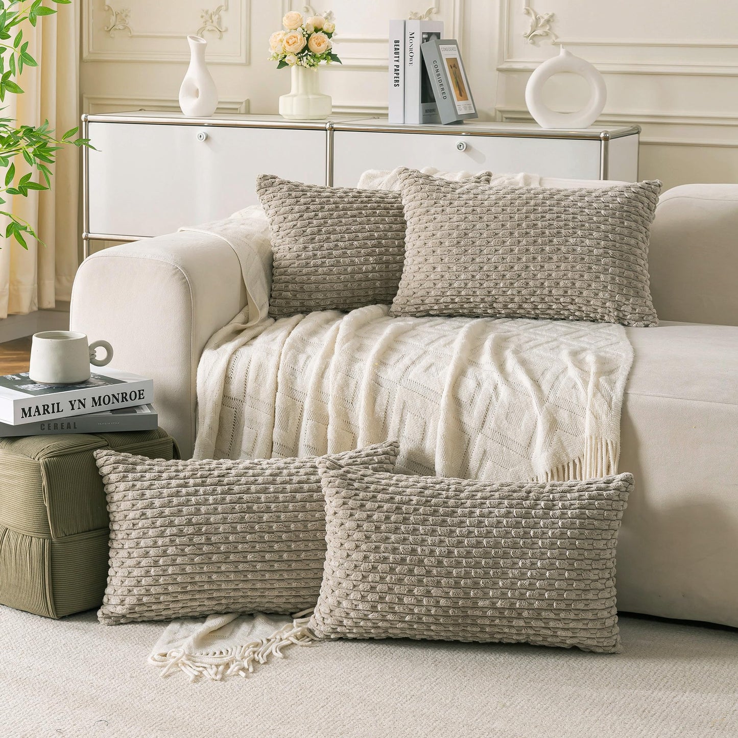 Neutral Corduroy Throw Pillow Covers Set