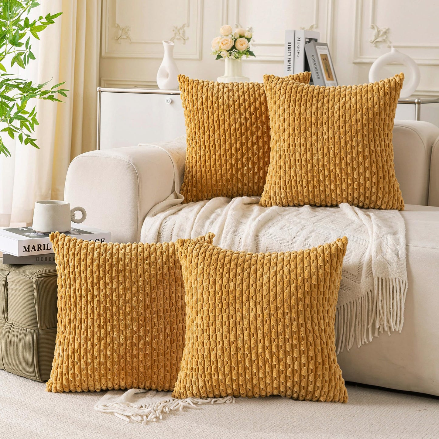 Neutral Corduroy Throw Pillow Covers Set