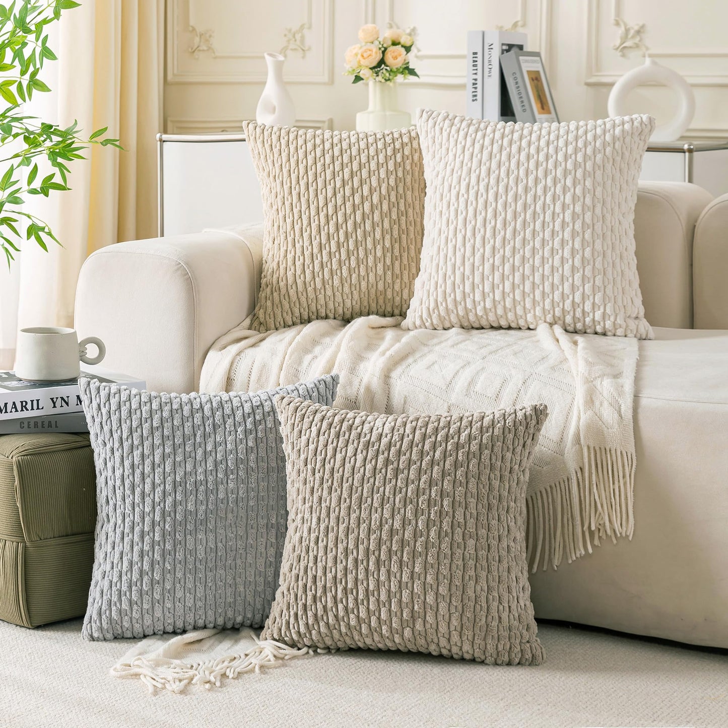 Neutral Corduroy Throw Pillow Covers Set