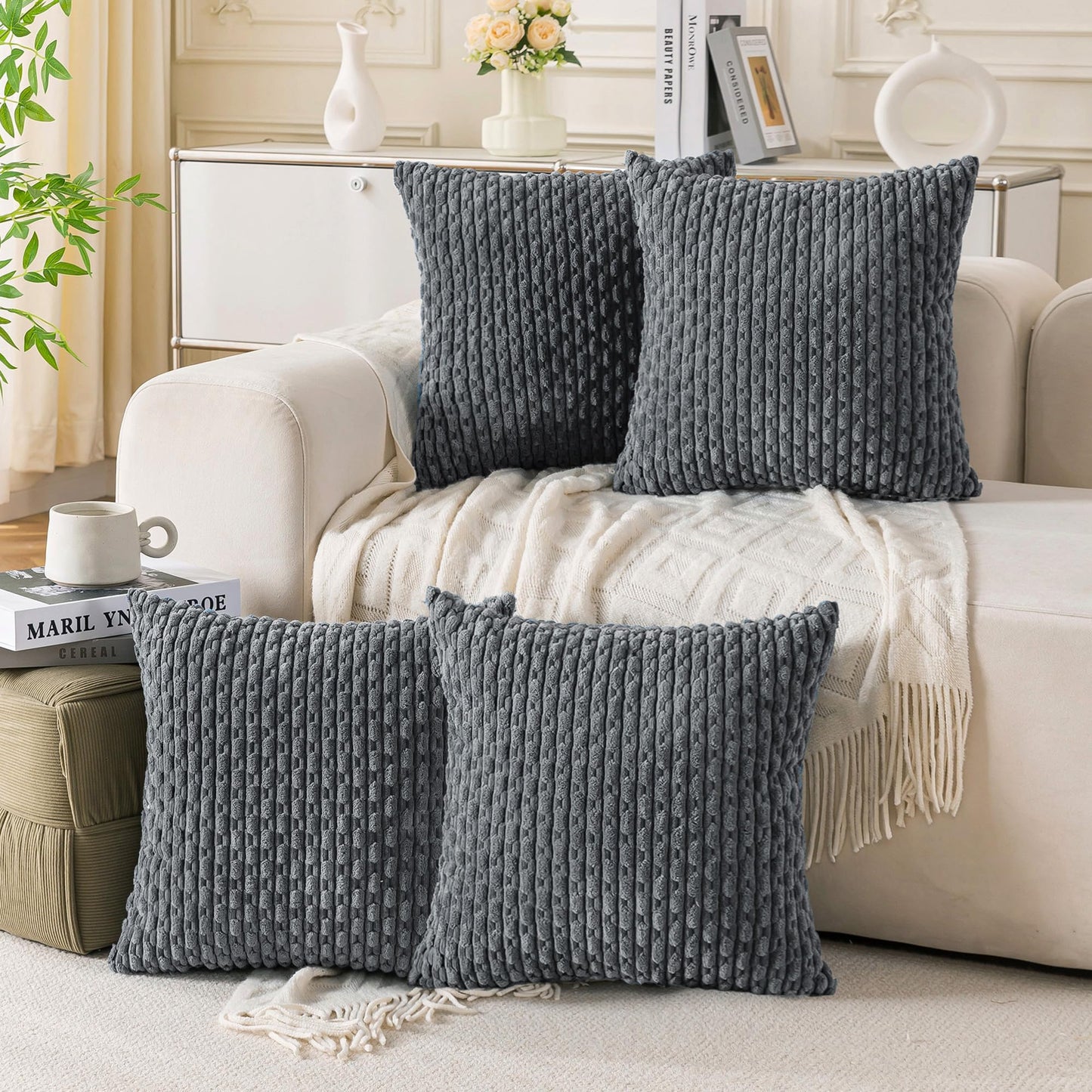 Neutral Corduroy Throw Pillow Covers Set