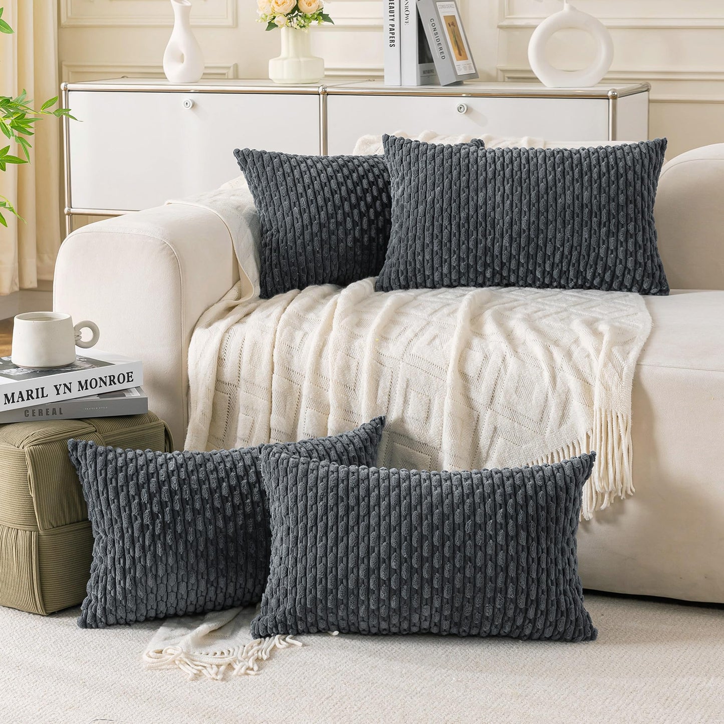 Neutral Corduroy Throw Pillow Covers Set