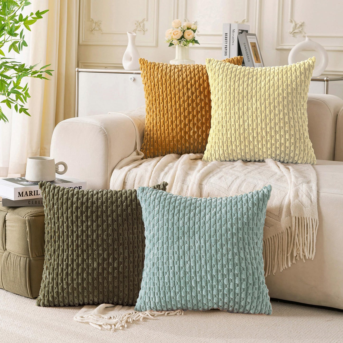 Neutral Corduroy Throw Pillow Covers Set