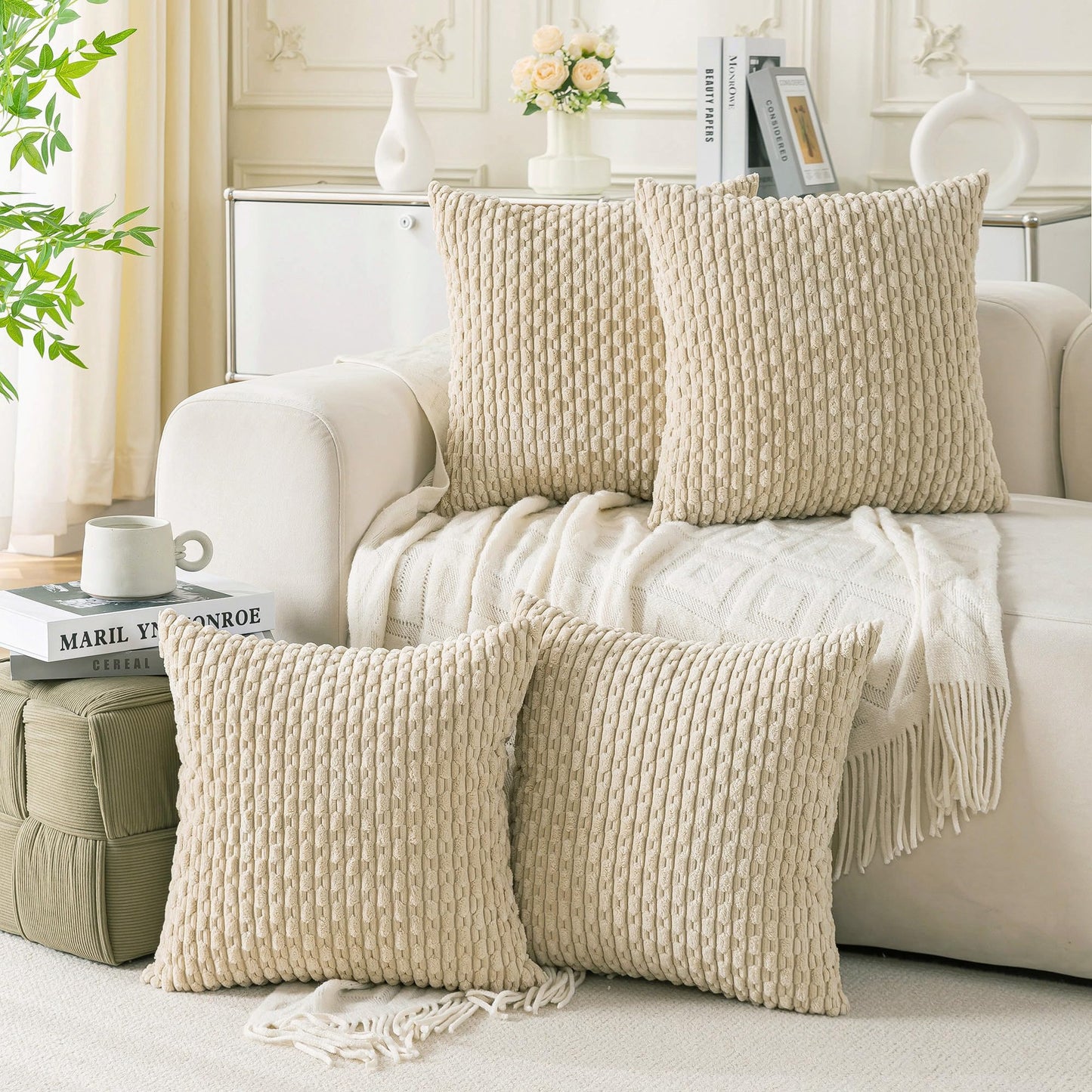 Neutral Corduroy Throw Pillow Covers Set