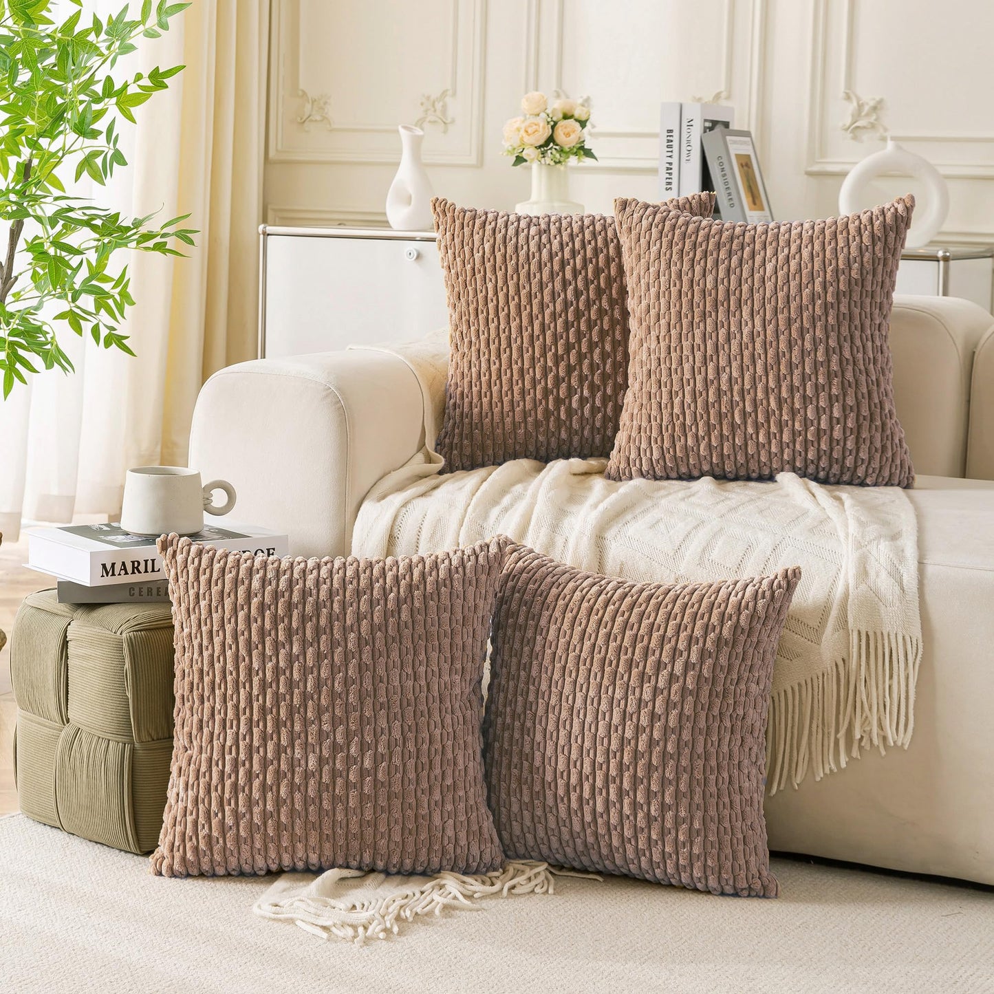 Neutral Corduroy Throw Pillow Covers Set