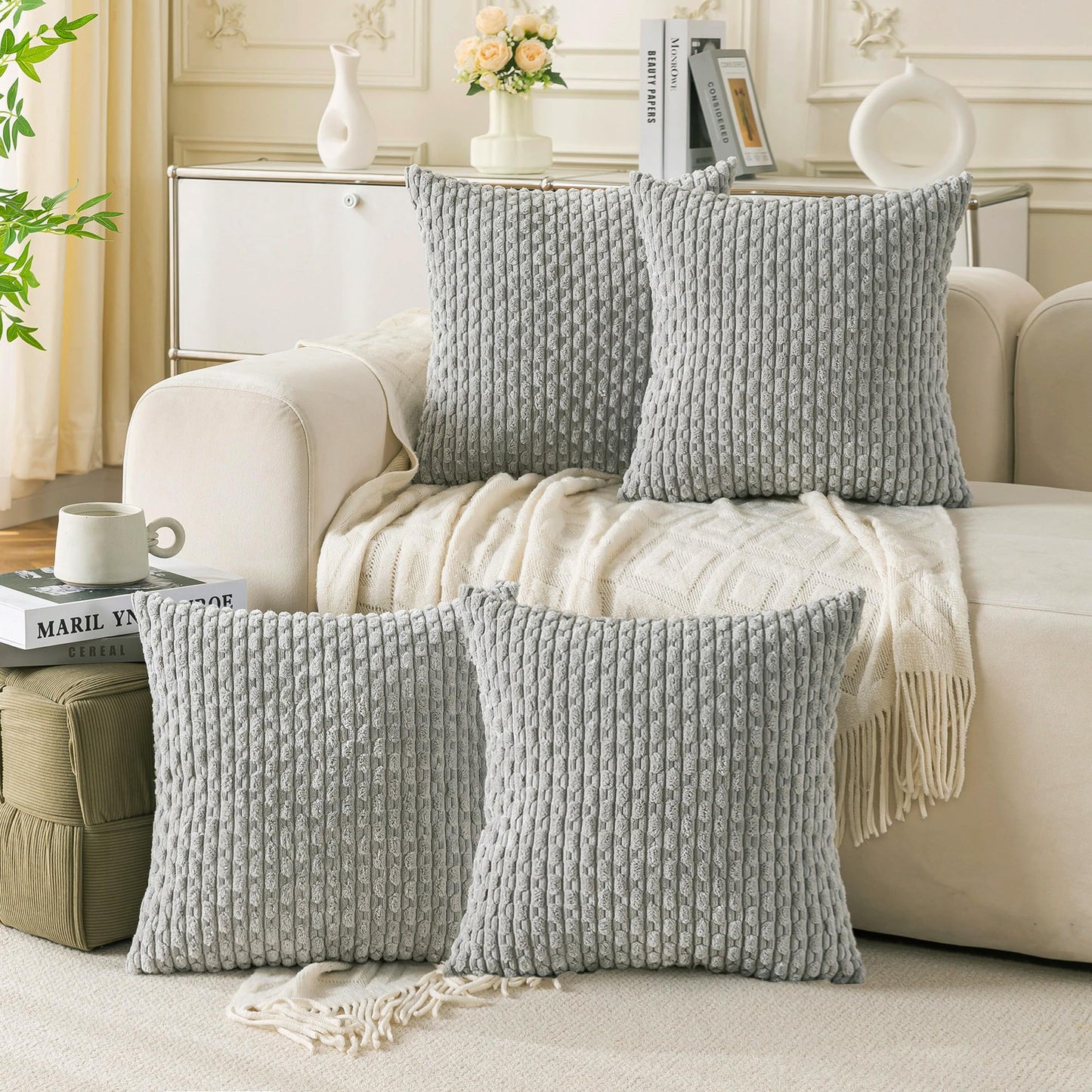 Neutral Corduroy Throw Pillow Covers Set
